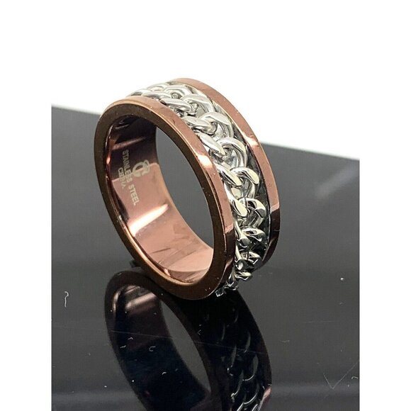 Men's Wedding Band Brown Silver Chain Style Stainless Steel 8mm Size 10 - Picture 3 of 13